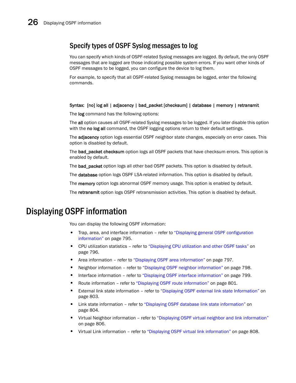 Specify types of ospf syslog messages to log, Displaying ospf information | Brocade BigIron RX Series Configuration Guide User Manual | Page 872 / 1550