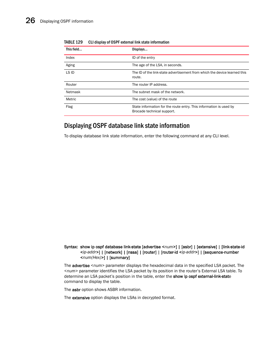 Displaying ospf database link state information | Brocade BigIron RX Series Configuration Guide User Manual | Page 882 / 1550