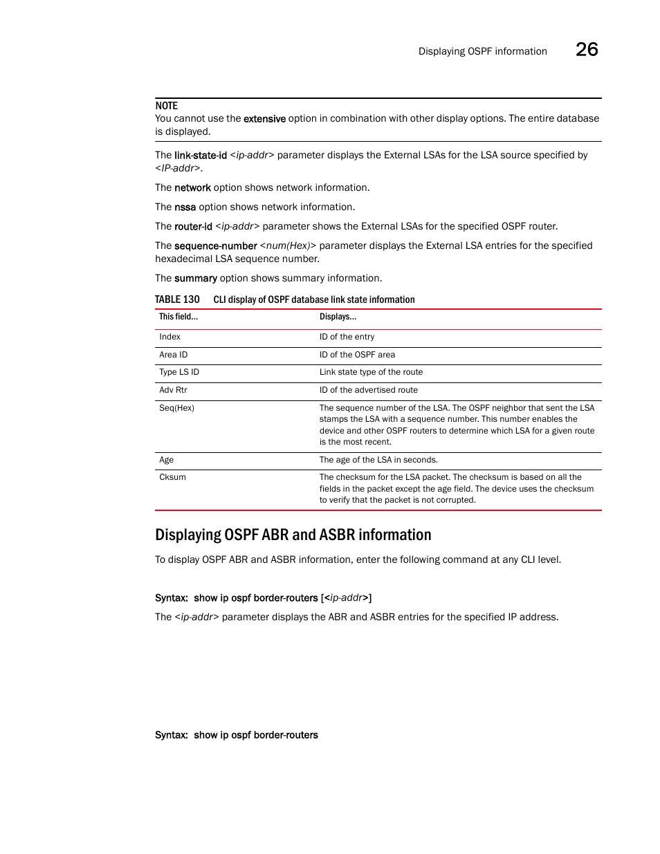 Displaying ospf abr and asbr information | Brocade BigIron RX Series Configuration Guide User Manual | Page 883 / 1550