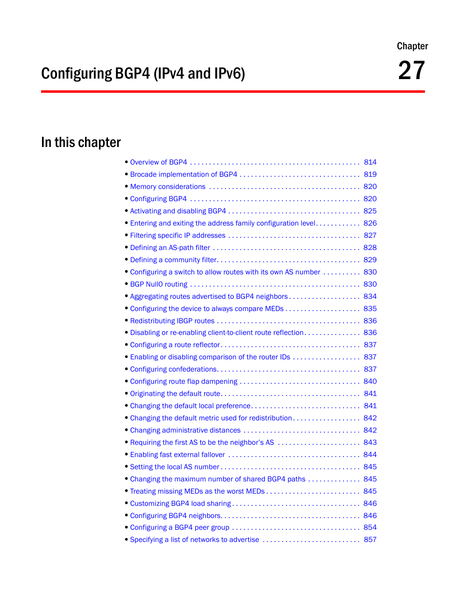 Configuring bgp4 (ipv4 and ipv6), Chapter 27, Configuring | Bgp4 (ipv4 and ipv6), Configuring bgp4, Ipv4 and ipv6), Chapter | Brocade BigIron RX Series Configuration Guide User Manual | Page 891 / 1550