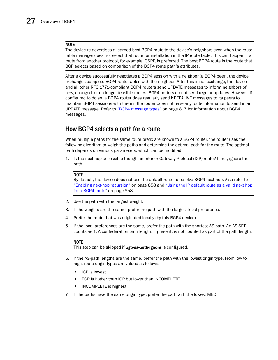 How bgp4 selects a path for a route, How bgp4, Selects a path for a route | Brocade BigIron RX Series Configuration Guide User Manual | Page 894 / 1550