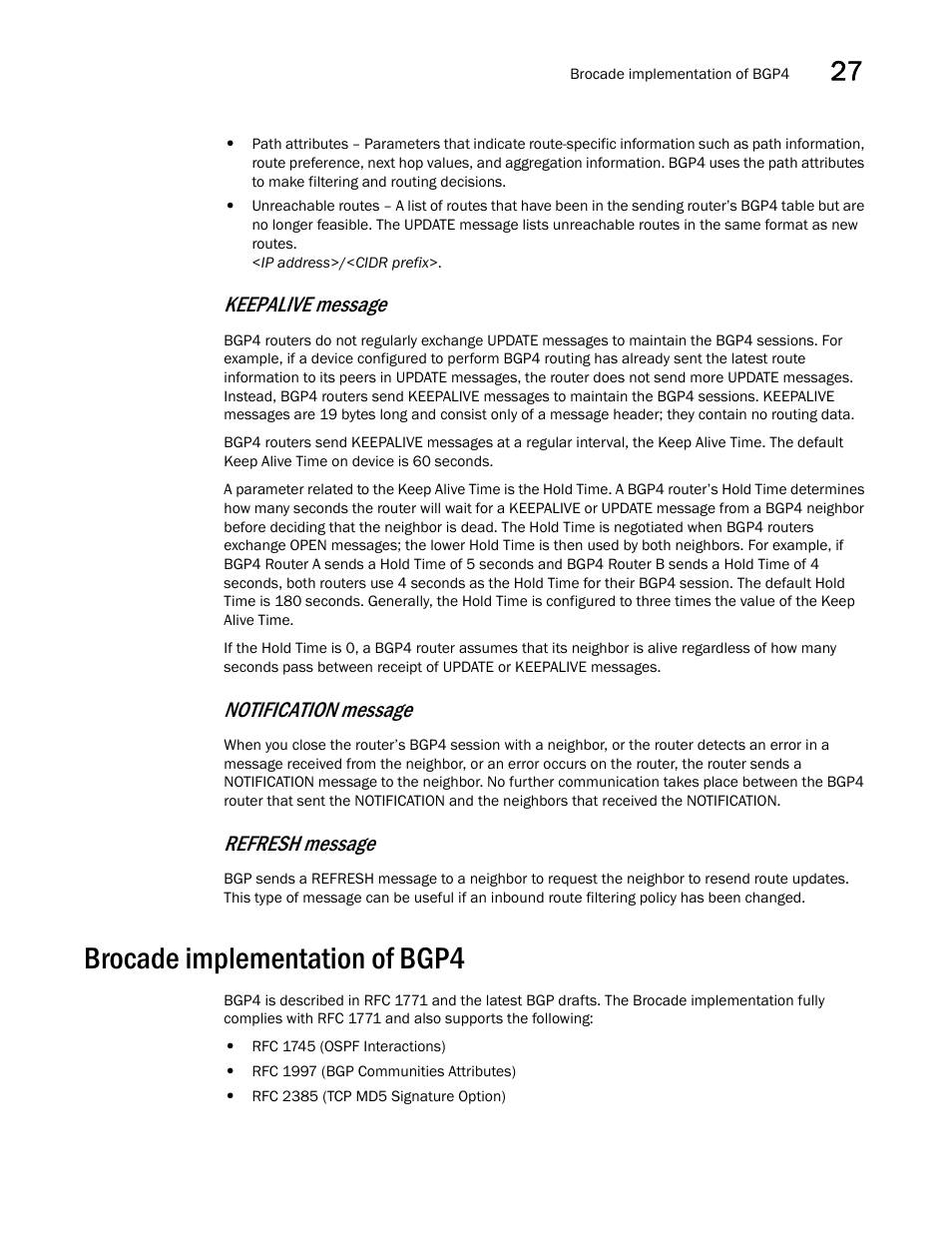 Brocade implementation of bgp4, Keepalive message, Notification message | Refresh message | Brocade BigIron RX Series Configuration Guide User Manual | Page 897 / 1550