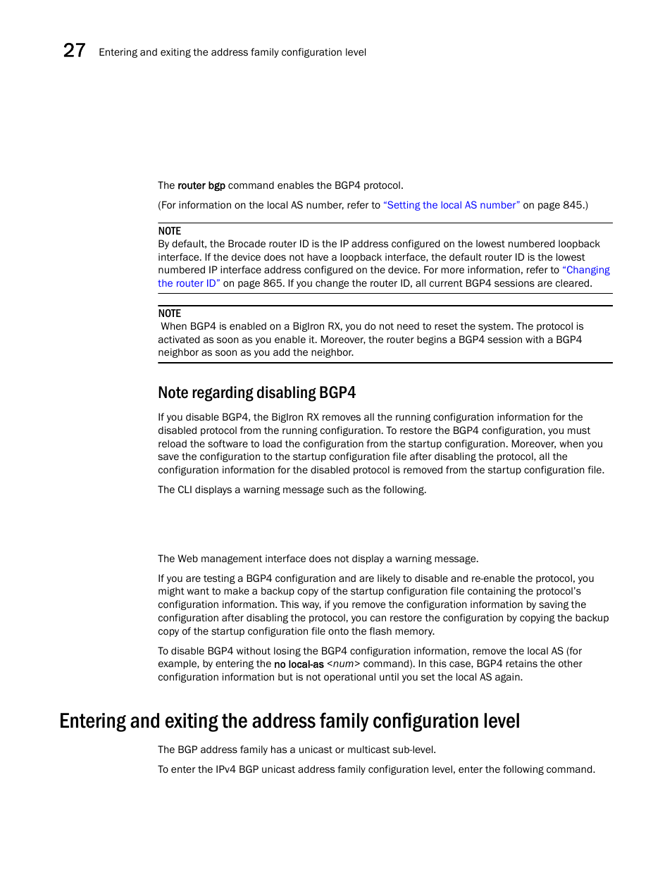 Note regarding disabling bgp4 | Brocade BigIron RX Series Configuration Guide User Manual | Page 904 / 1550