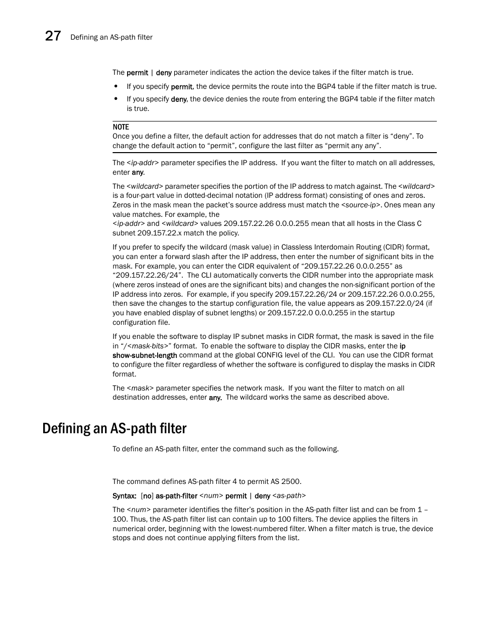 Defining an as-path filter | Brocade BigIron RX Series Configuration Guide User Manual | Page 906 / 1550