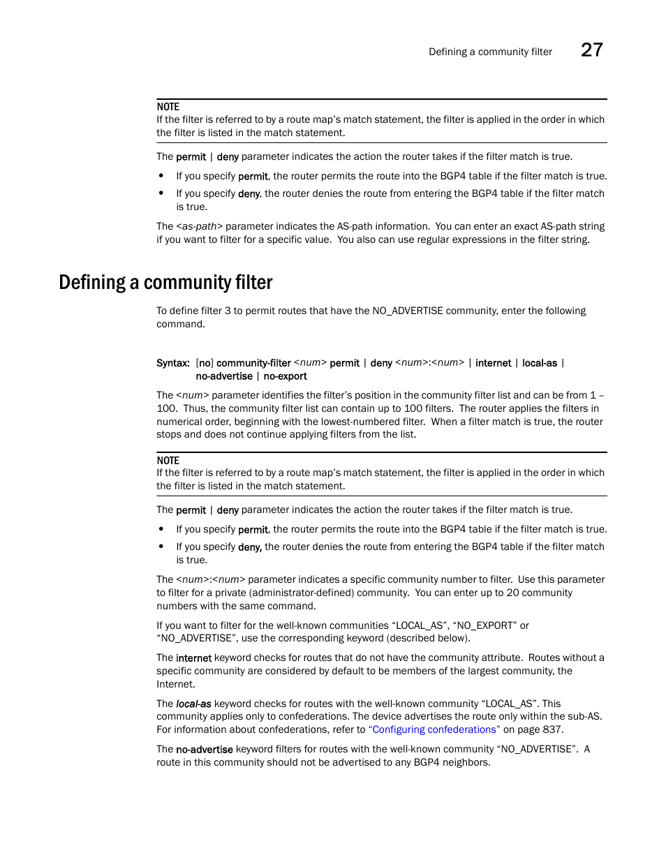 Defining a community filter | Brocade BigIron RX Series Configuration Guide User Manual | Page 907 / 1550