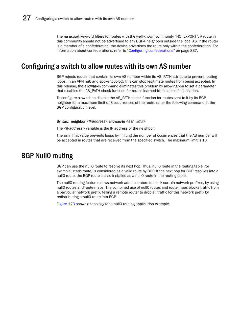 Bgp null0 routing, Configuring a, Switch to allow routes with its own as number | Bgp null0, Routing | Brocade BigIron RX Series Configuration Guide User Manual | Page 908 / 1550