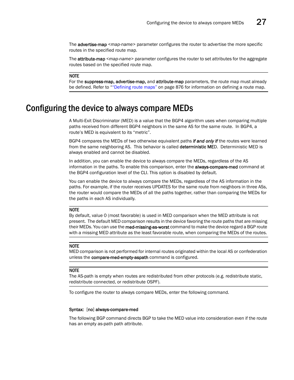 Configuring the device to always compare meds, Configuring the, Device to always compare meds | Brocade BigIron RX Series Configuration Guide User Manual | Page 913 / 1550