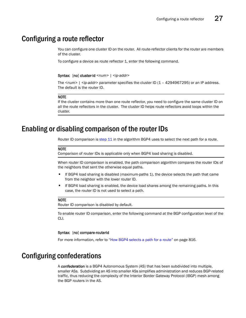 Configuring a route reflector, Enabling or disabling comparison of the router ids, Configuring confederations | Brocade BigIron RX Series Configuration Guide User Manual | Page 915 / 1550