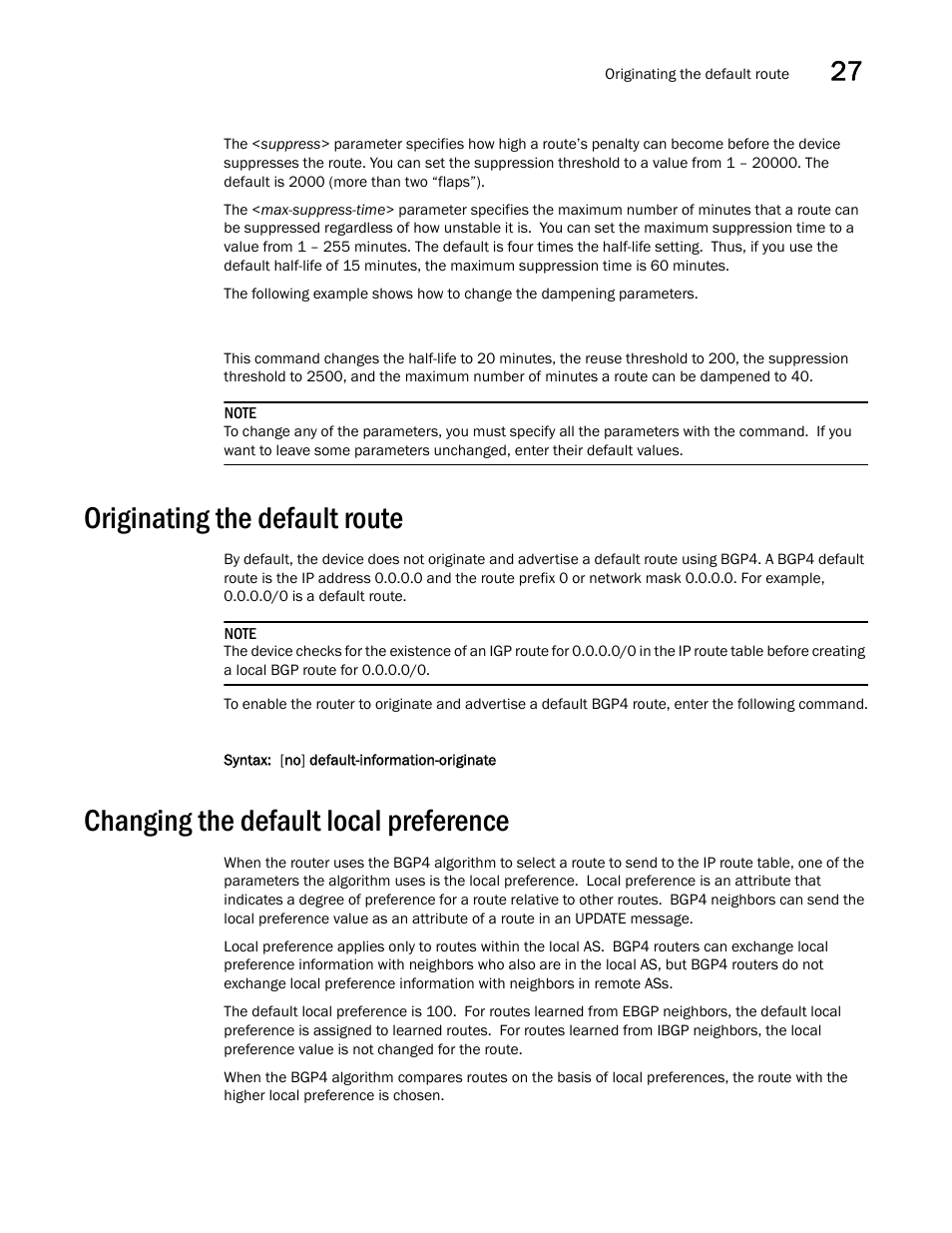 Originating the default route, Changing the default local preference, Originating the | Default route | Brocade BigIron RX Series Configuration Guide User Manual | Page 919 / 1550