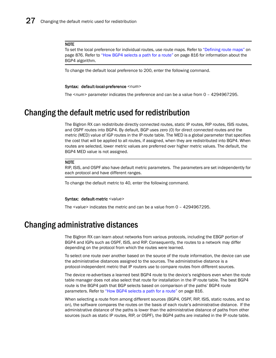 Changing administrative distances | Brocade BigIron RX Series Configuration Guide User Manual | Page 920 / 1550