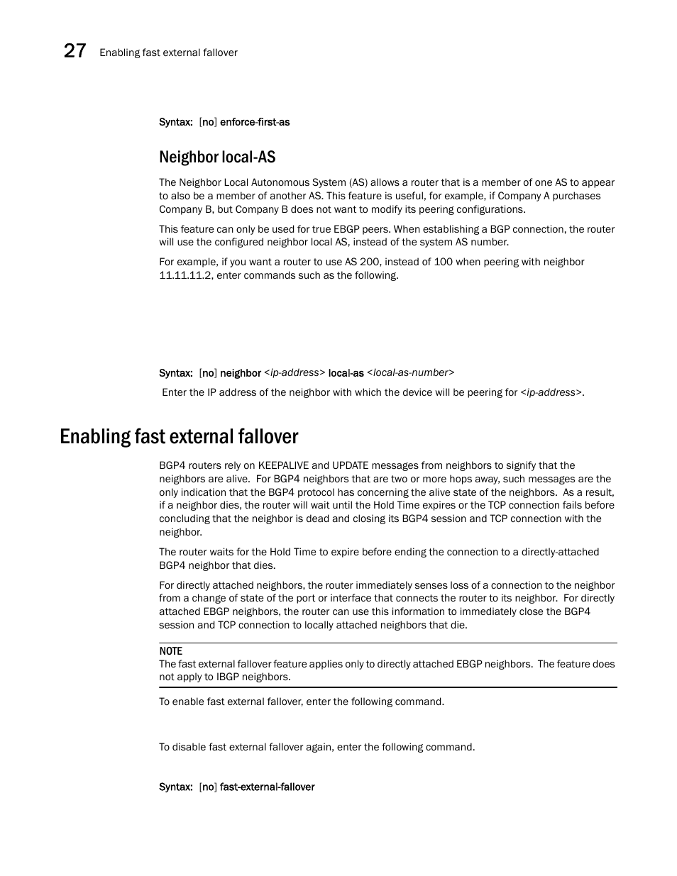 Neighbor local-as, Enabling fast external fallover, Neighbor | Local-as | Brocade BigIron RX Series Configuration Guide User Manual | Page 922 / 1550