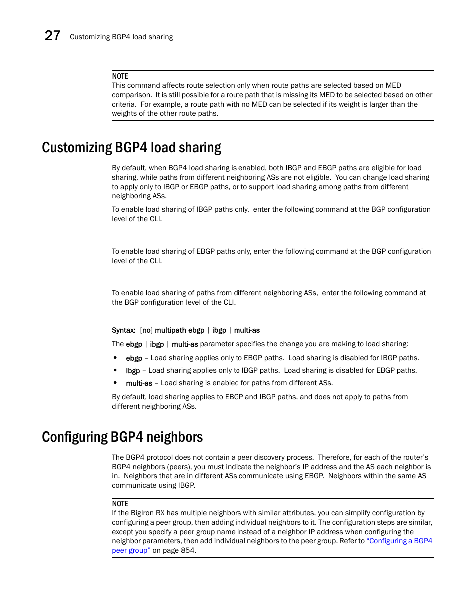 Customizing bgp4 load sharing, Configuring bgp4 neighbors | Brocade BigIron RX Series Configuration Guide User Manual | Page 924 / 1550