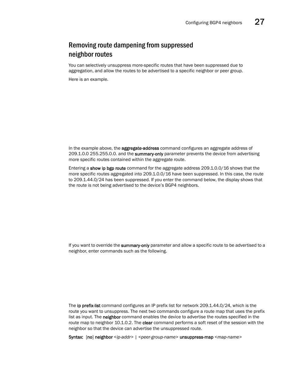 Removing route dampening from, Suppressed neighbor routes | Brocade BigIron RX Series Configuration Guide User Manual | Page 929 / 1550
