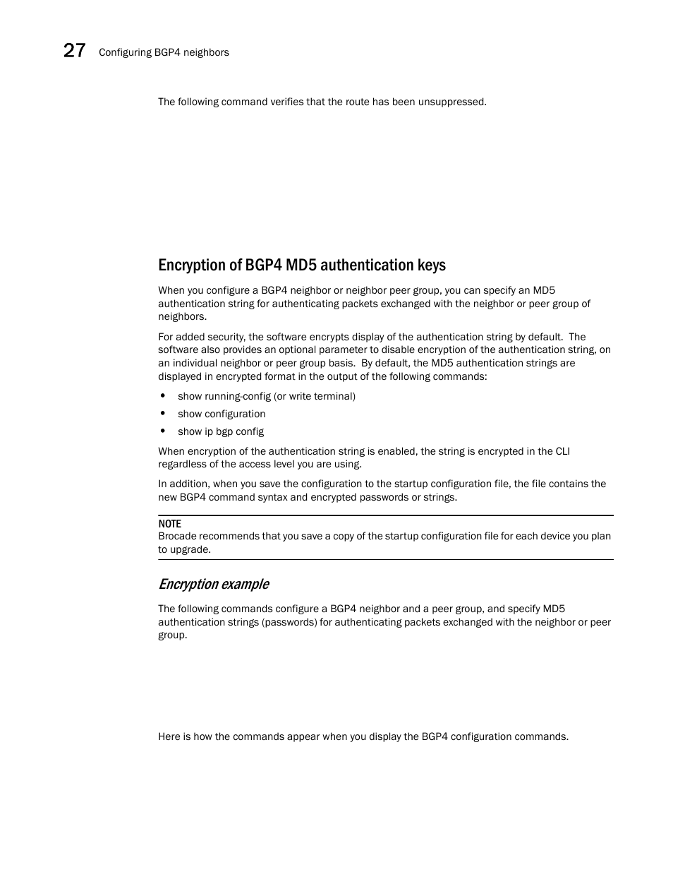 Encryption of bgp4 md5 authentication keys, Encryption example | Brocade BigIron RX Series Configuration Guide User Manual | Page 930 / 1550