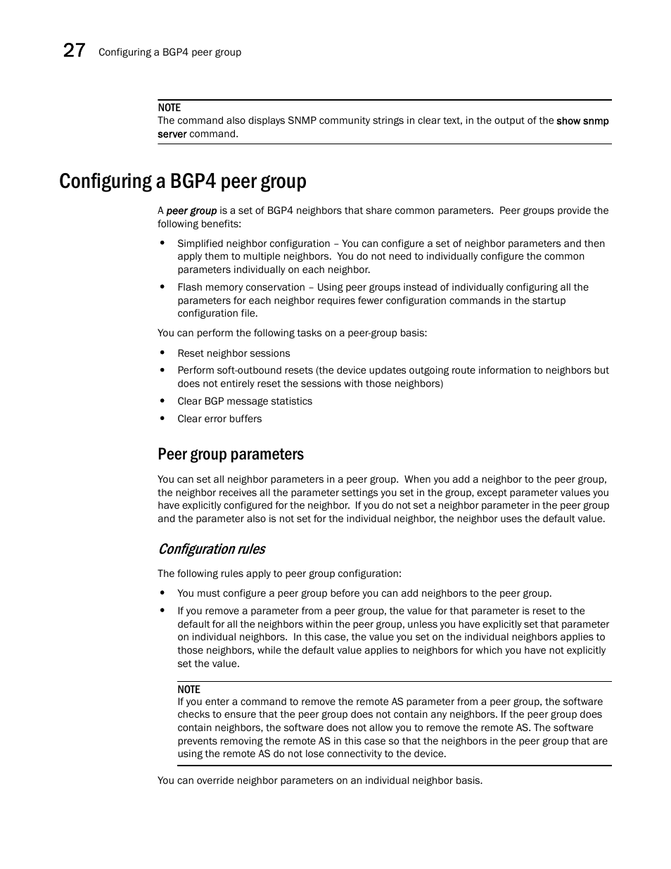 Configuring a bgp4 peer group, Peer group parameters, Configuring a bgp4 | Peer group, Configuring, A bgp4 peer group, Configuration rules | Brocade BigIron RX Series Configuration Guide User Manual | Page 932 / 1550