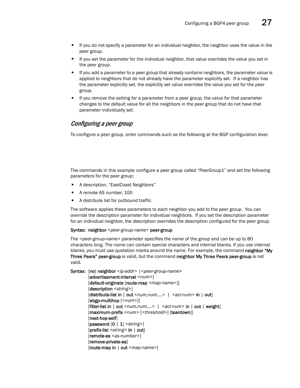 Configuring a peer group | Brocade BigIron RX Series Configuration Guide User Manual | Page 933 / 1550