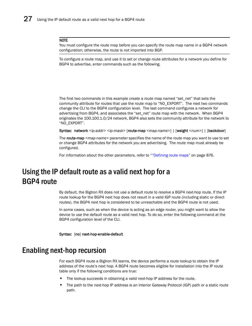 Enabling next-hop recursion, Using the ip default route as a valid next hop, For a bgp4 route | Brocade BigIron RX Series Configuration Guide User Manual | Page 936 / 1550