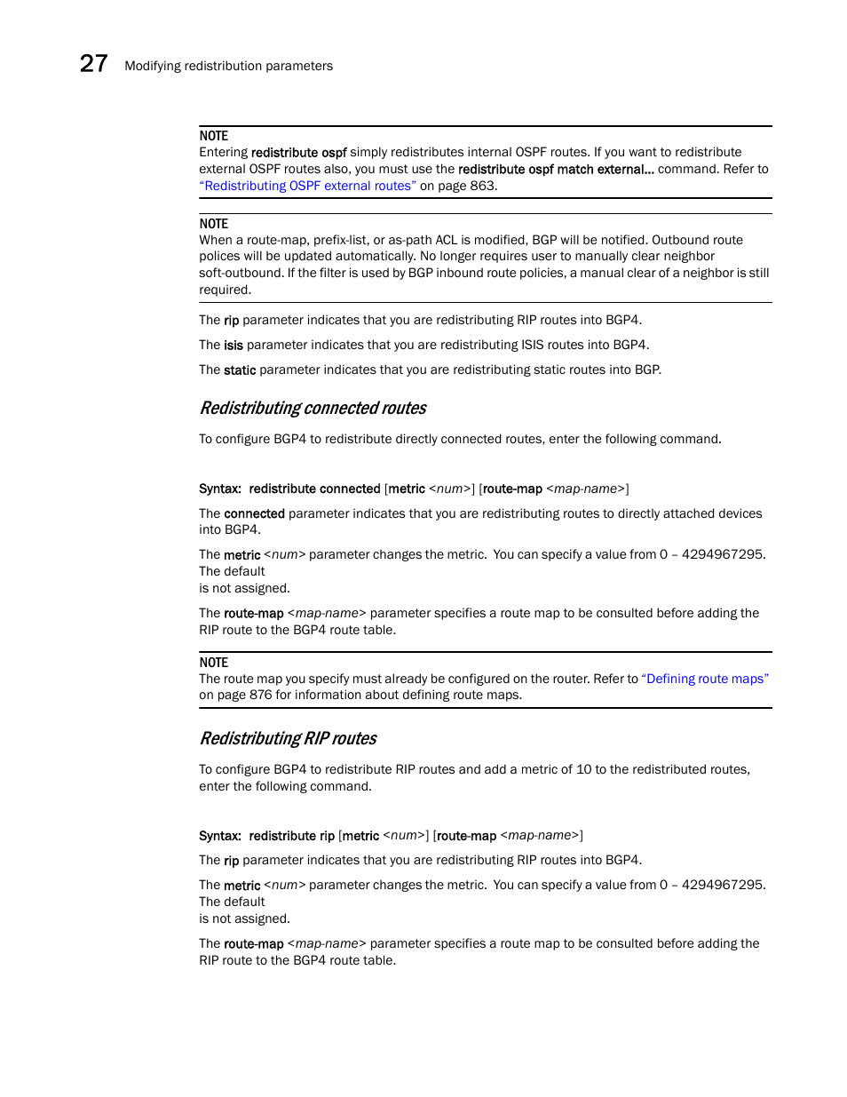 Redistributing connected routes, Redistributing rip routes | Brocade BigIron RX Series Configuration Guide User Manual | Page 940 / 1550