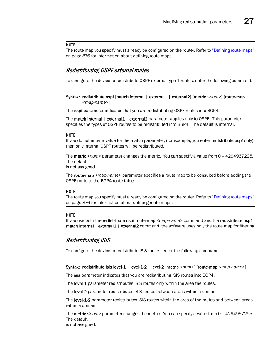 Redistributing ospf external routes, Redistributing isis | Brocade BigIron RX Series Configuration Guide User Manual | Page 941 / 1550