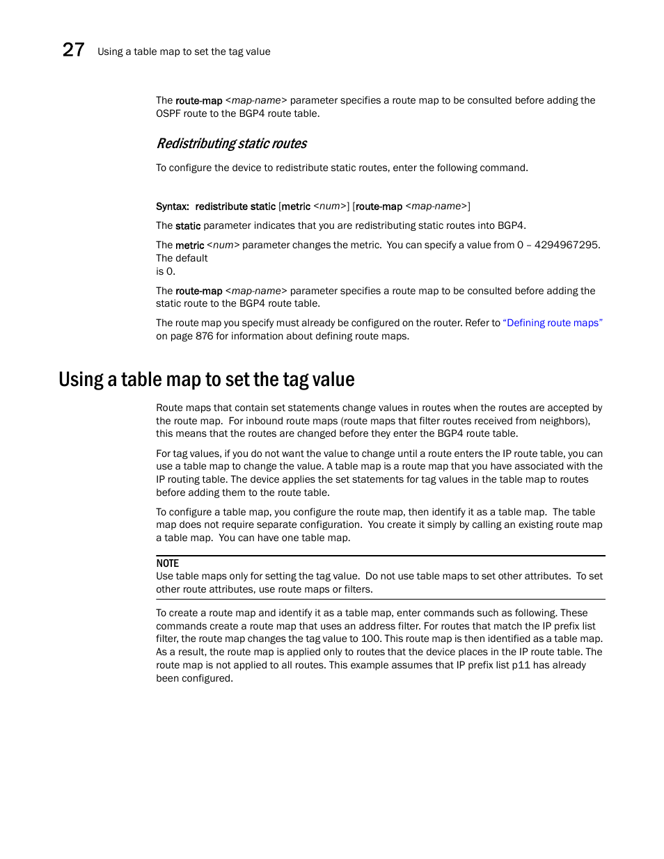 Using a table map to set the tag value, Redistributing static routes | Brocade BigIron RX Series Configuration Guide User Manual | Page 942 / 1550