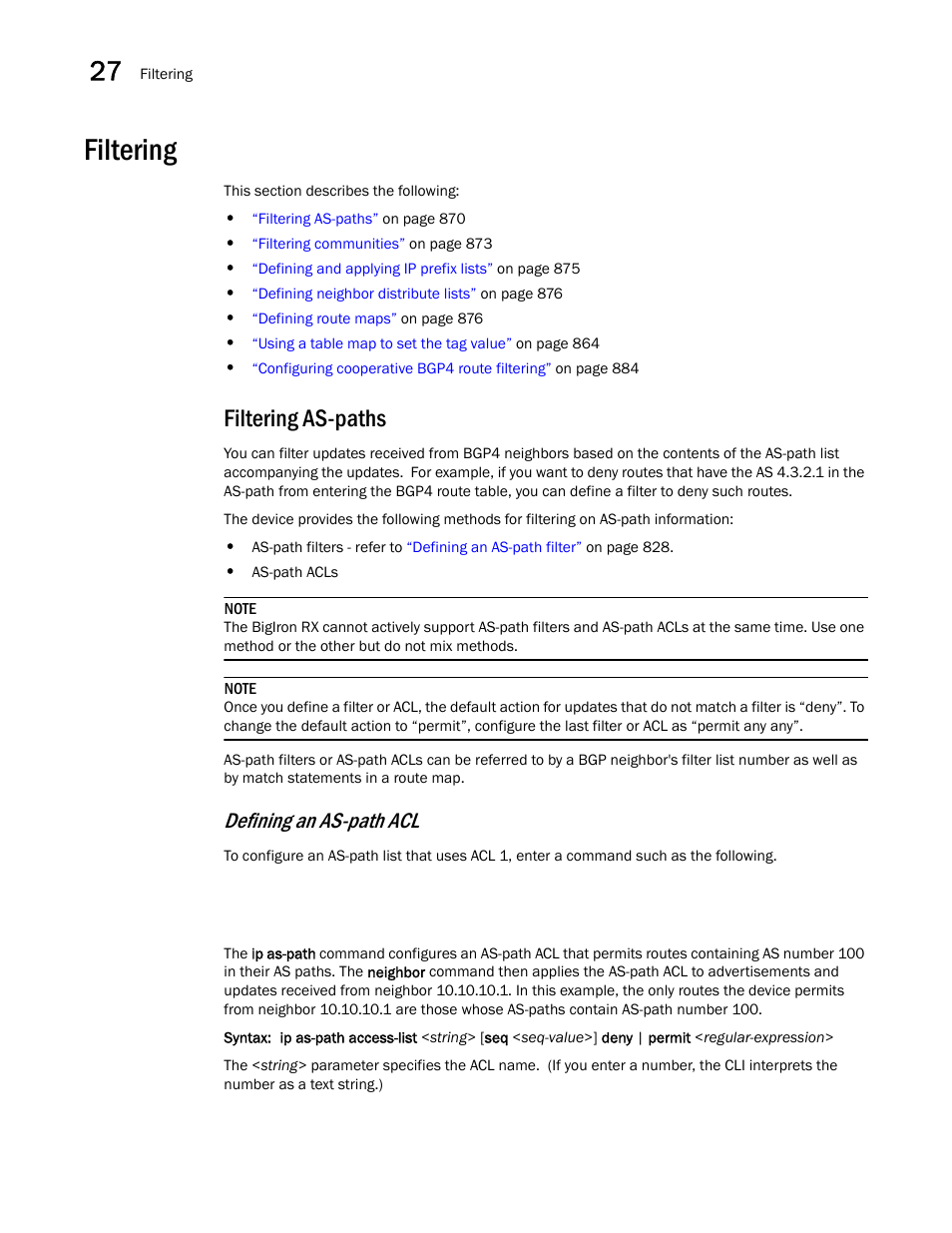 Filtering, Filtering as-paths, Defining an as-path acl | Brocade BigIron RX Series Configuration Guide User Manual | Page 948 / 1550