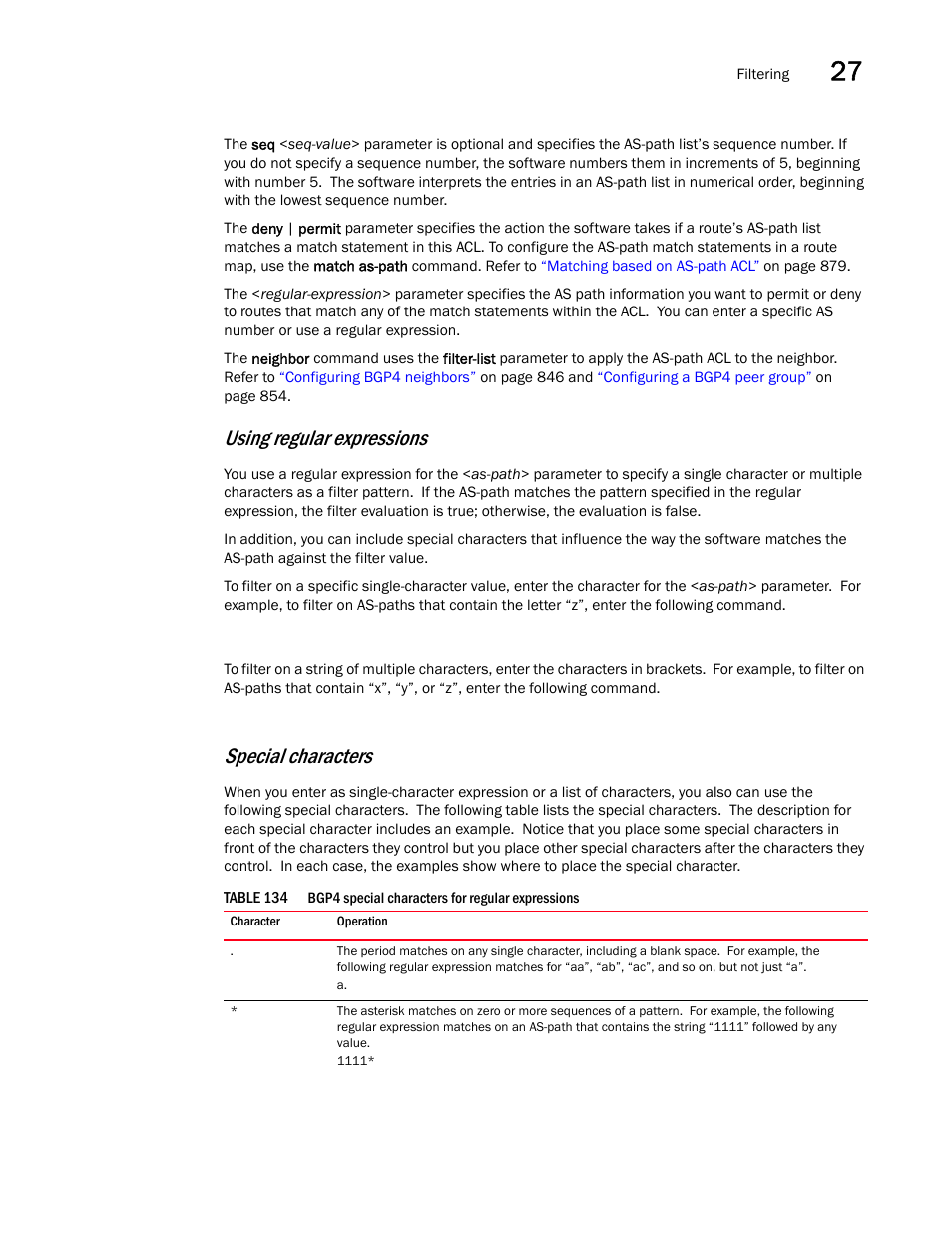 Using regular expressions, Special characters | Brocade BigIron RX Series Configuration Guide User Manual | Page 949 / 1550