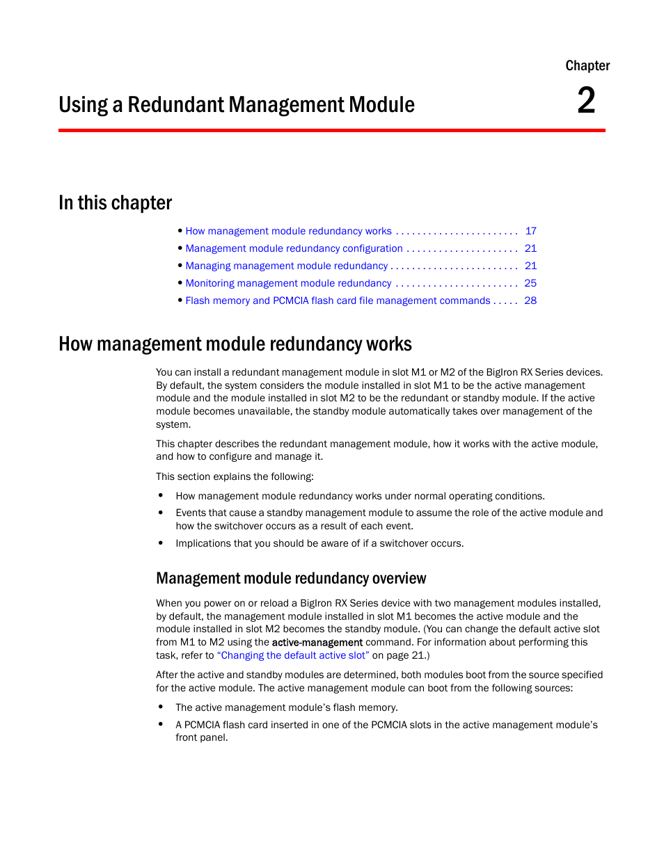 Using a redundant management module, How management module redundancy works, Management module redundancy overview | Chapter 2, Using a redundant, Management module | Brocade BigIron RX Series Configuration Guide User Manual | Page 95 / 1550