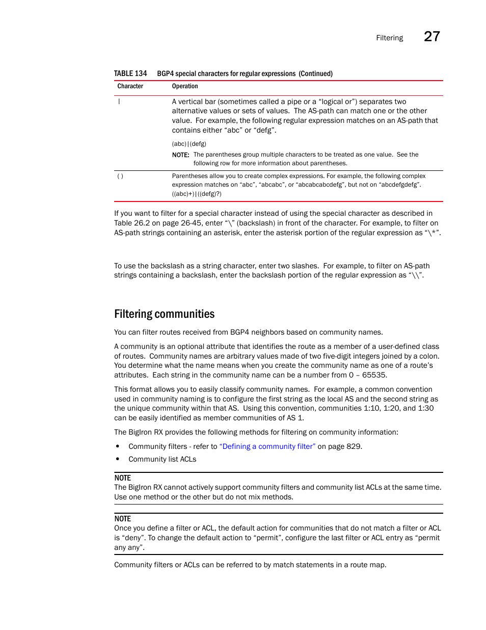 Filtering communities | Brocade BigIron RX Series Configuration Guide User Manual | Page 951 / 1550