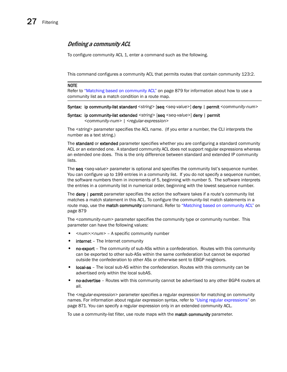 Defining a community acl | Brocade BigIron RX Series Configuration Guide User Manual | Page 952 / 1550