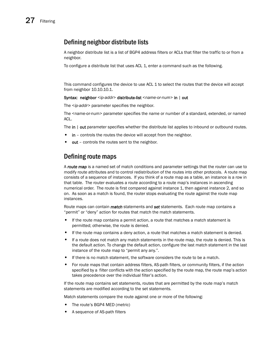 Defining neighbor distribute lists, Defining route maps | Brocade BigIron RX Series Configuration Guide User Manual | Page 954 / 1550