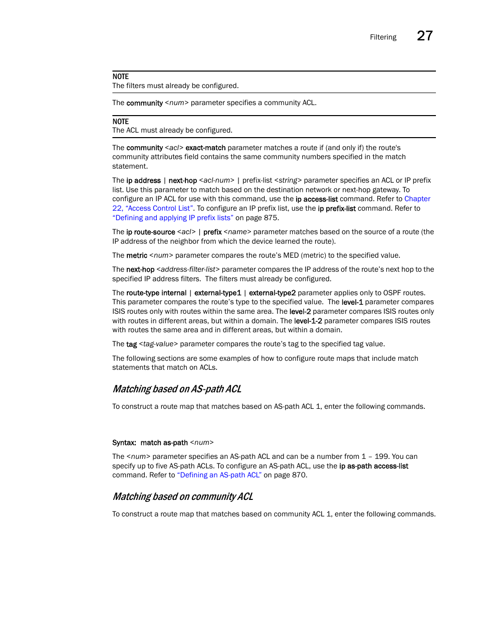 Matching based on as-path acl, Matching based on community acl | Brocade BigIron RX Series Configuration Guide User Manual | Page 957 / 1550