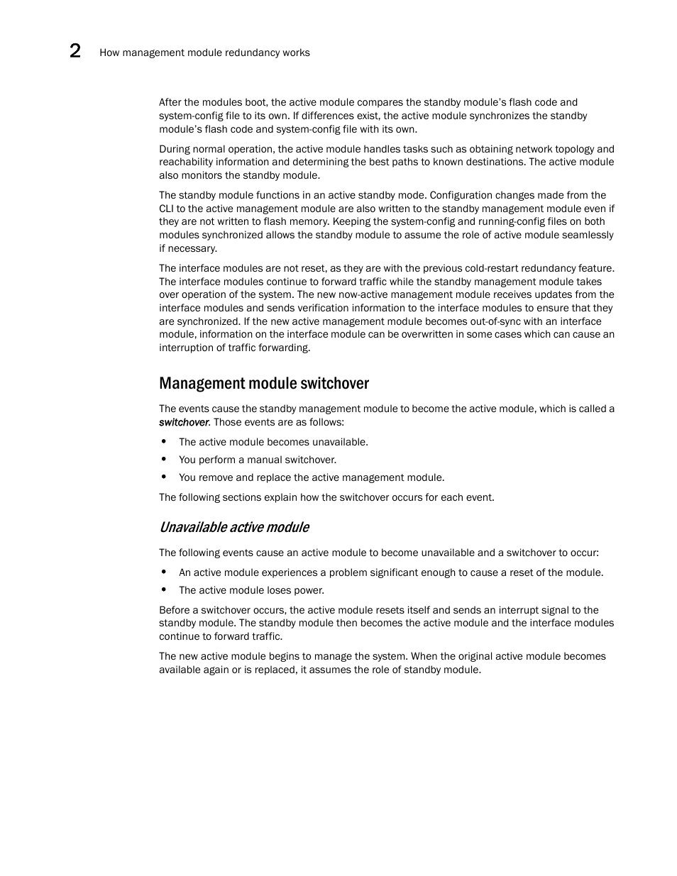 Management module switchover, Unavailable active module | Brocade BigIron RX Series Configuration Guide User Manual | Page 96 / 1550