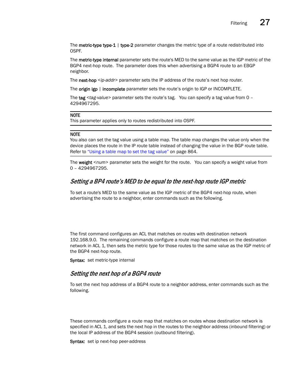 Setting the next hop of a bgp4 route | Brocade BigIron RX Series Configuration Guide User Manual | Page 961 / 1550