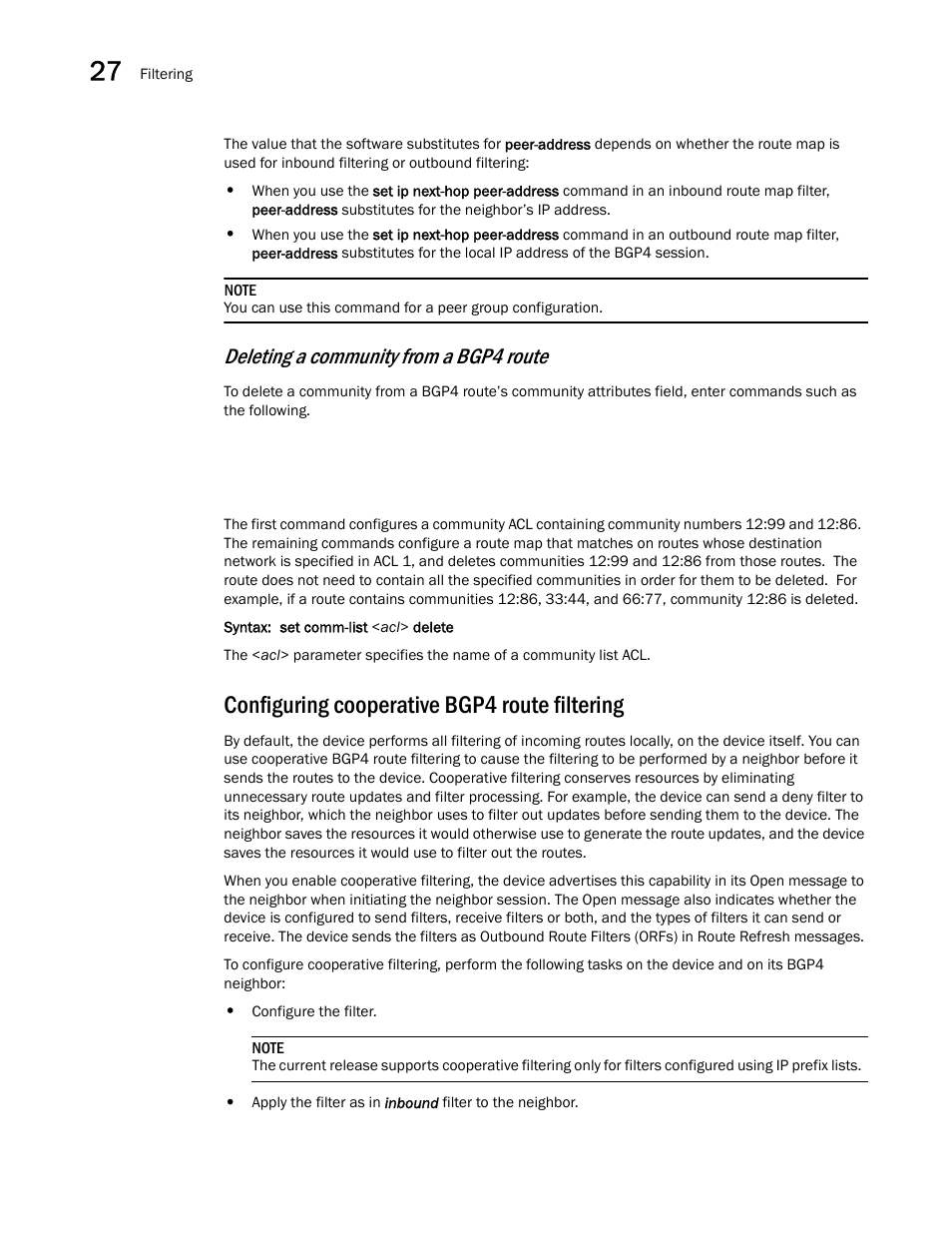 Configuring cooperative bgp4 route filtering, Deleting a community from a bgp4 route | Brocade BigIron RX Series Configuration Guide User Manual | Page 962 / 1550