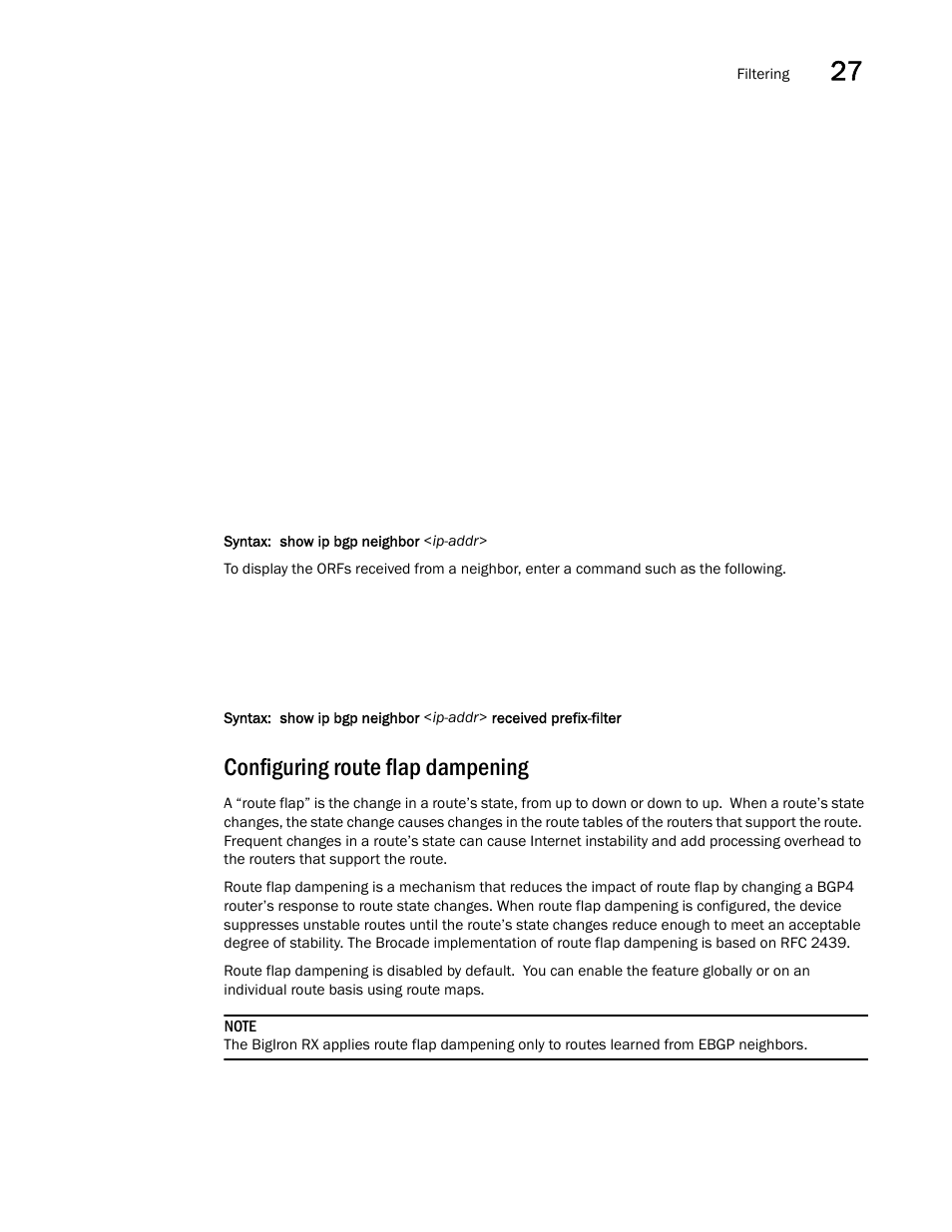 Configuring route flap dampening | Brocade BigIron RX Series Configuration Guide User Manual | Page 965 / 1550