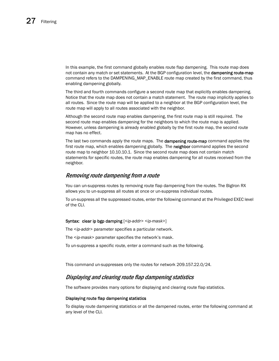 Removing route dampening from a route | Brocade BigIron RX Series Configuration Guide User Manual | Page 968 / 1550