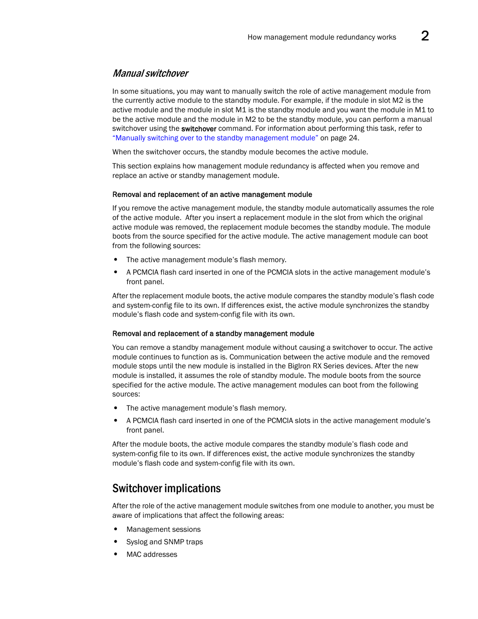 Switchover implications, Manual switchover | Brocade BigIron RX Series Configuration Guide User Manual | Page 97 / 1550