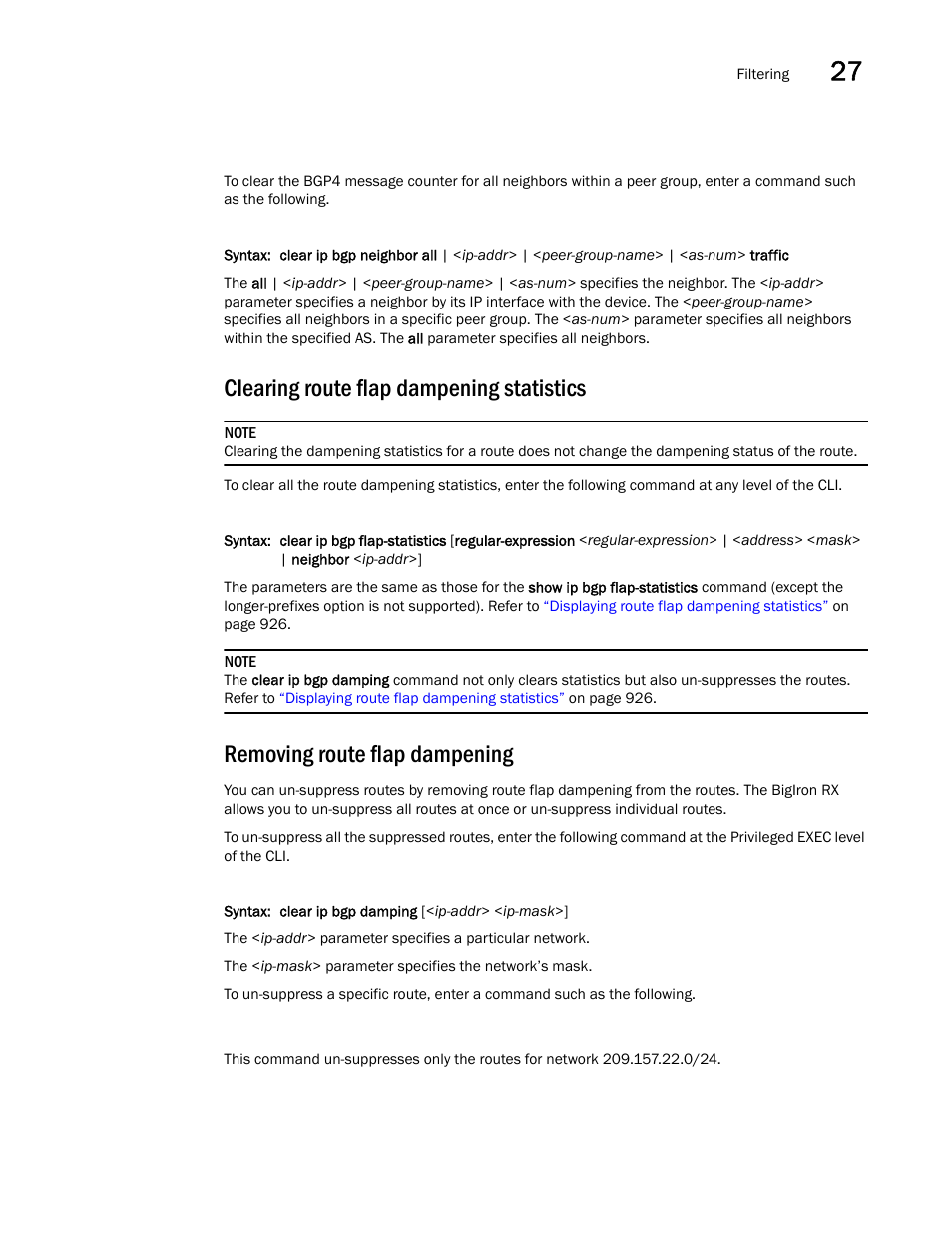 Clearing route flap dampening statistics, Removing route flap dampening | Brocade BigIron RX Series Configuration Guide User Manual | Page 977 / 1550