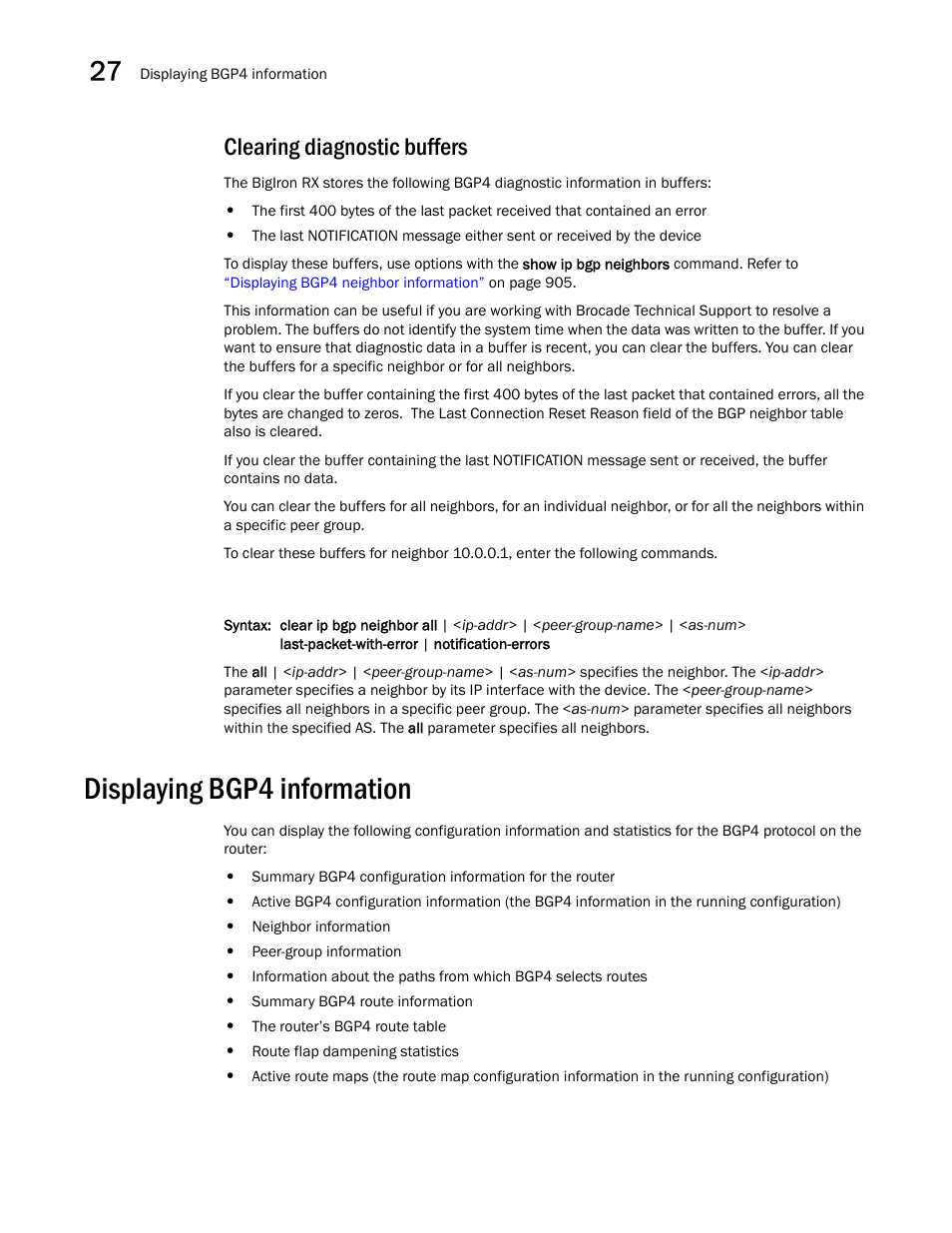 Clearing diagnostic buffers, Displaying bgp4 information | Brocade BigIron RX Series Configuration Guide User Manual | Page 978 / 1550