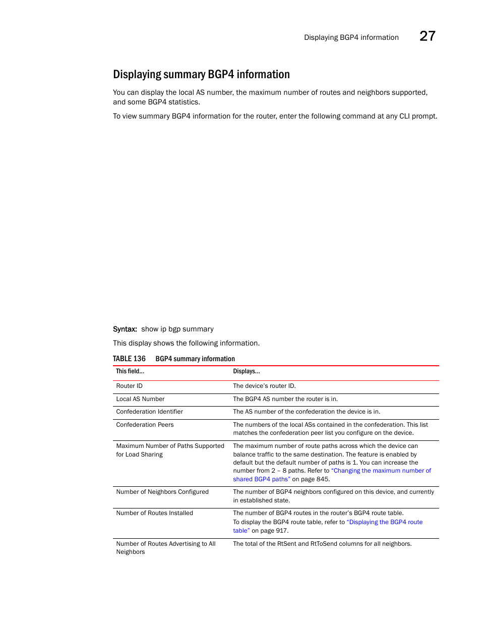 Displaying summary bgp4 information | Brocade BigIron RX Series Configuration Guide User Manual | Page 979 / 1550