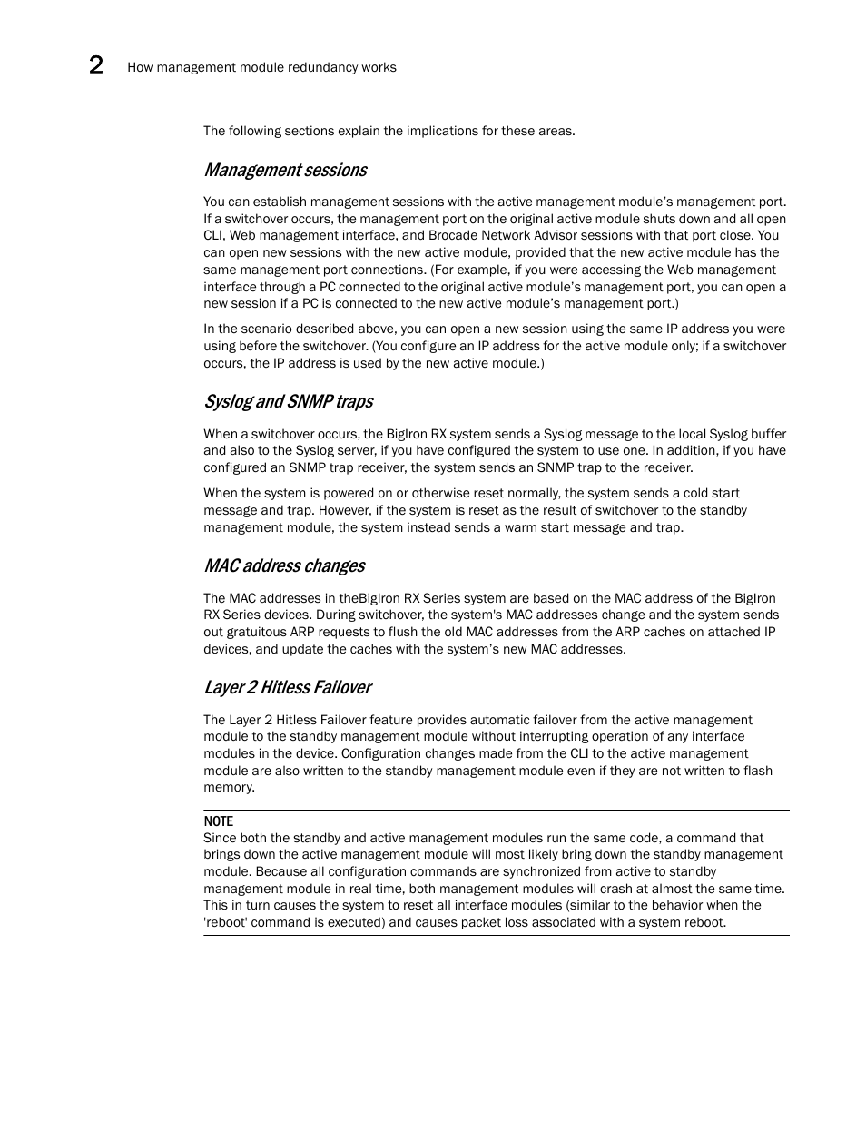 Management sessions, Syslog and snmp traps, Mac address changes | Layer 2 hitless failover | Brocade BigIron RX Series Configuration Guide User Manual | Page 98 / 1550