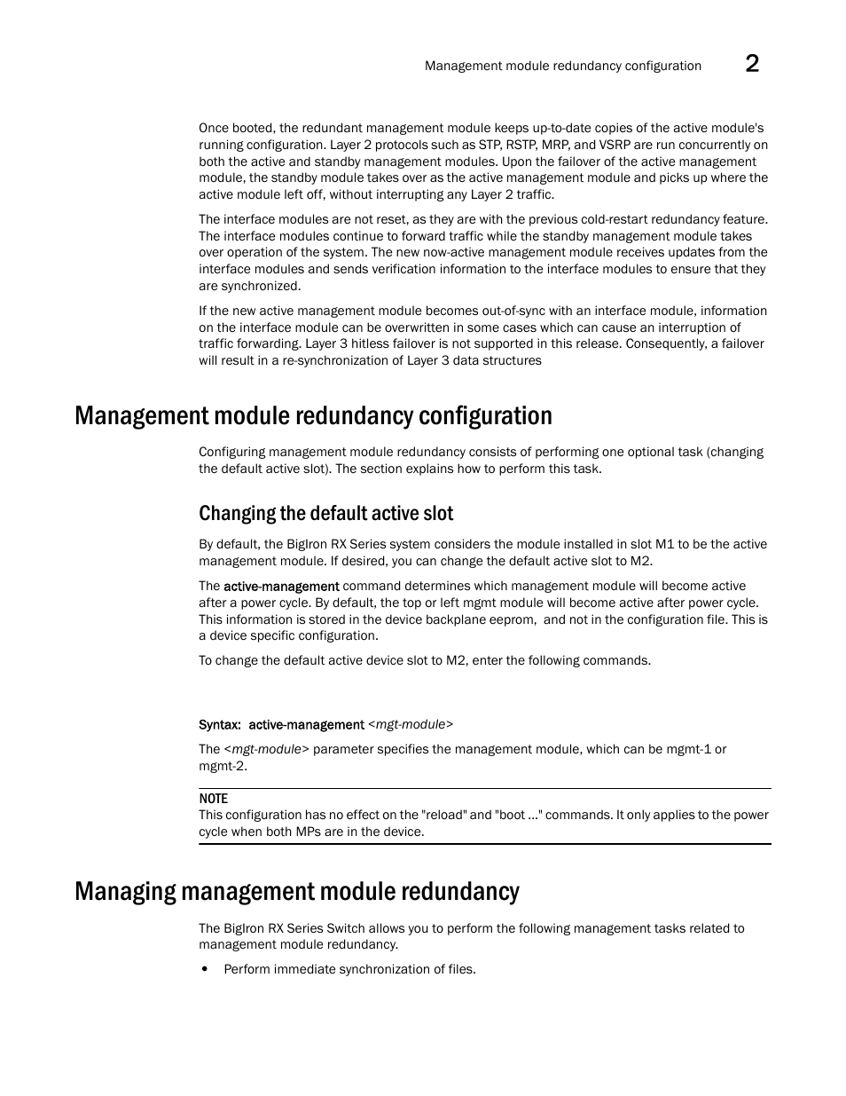 Management module redundancy configuration, Changing the default active slot, Managing management module redundancy | Brocade BigIron RX Series Configuration Guide User Manual | Page 99 / 1550