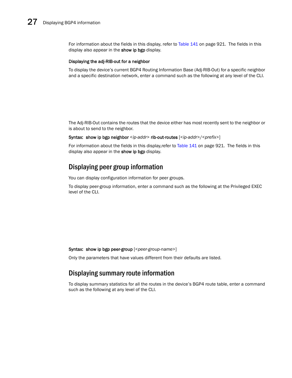 Displaying peer group information, Displaying summary route information | Brocade BigIron RX Series Configuration Guide User Manual | Page 994 / 1550