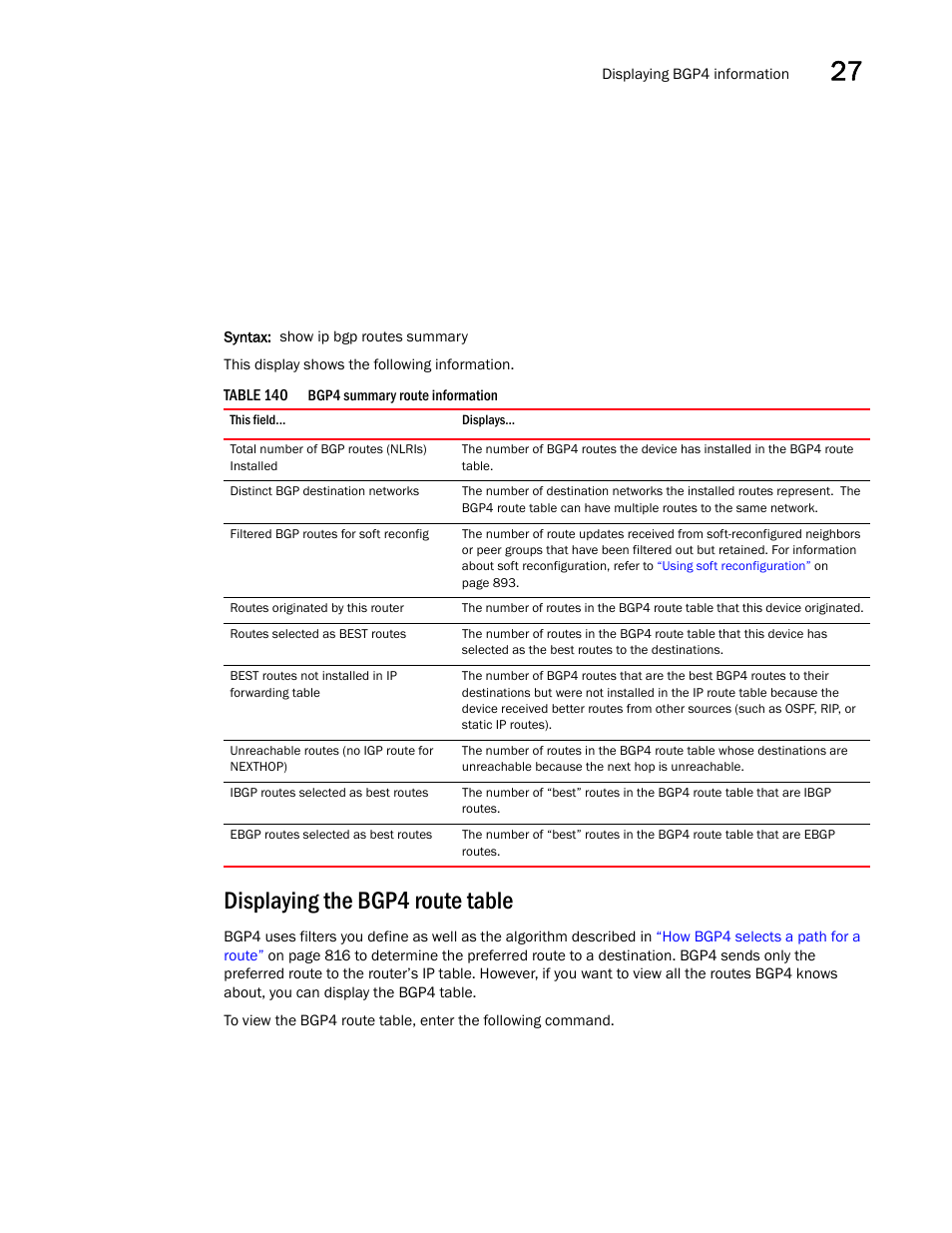 Displaying the bgp4 route table, Displaying, The bgp4 route table | Displaying the bgp4 route, Table | Brocade BigIron RX Series Configuration Guide User Manual | Page 995 / 1550