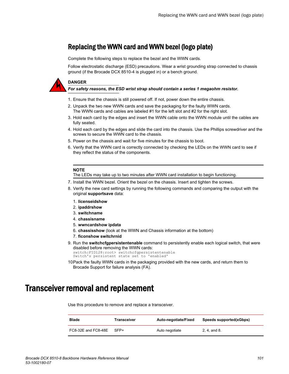 Replacing the wwn card and wwn bezel (logo plate), Transceiver removal and replacement | Brocade DCX 8510-8 Backbone Hardware Reference Manual User Manual | Page 101 / 178