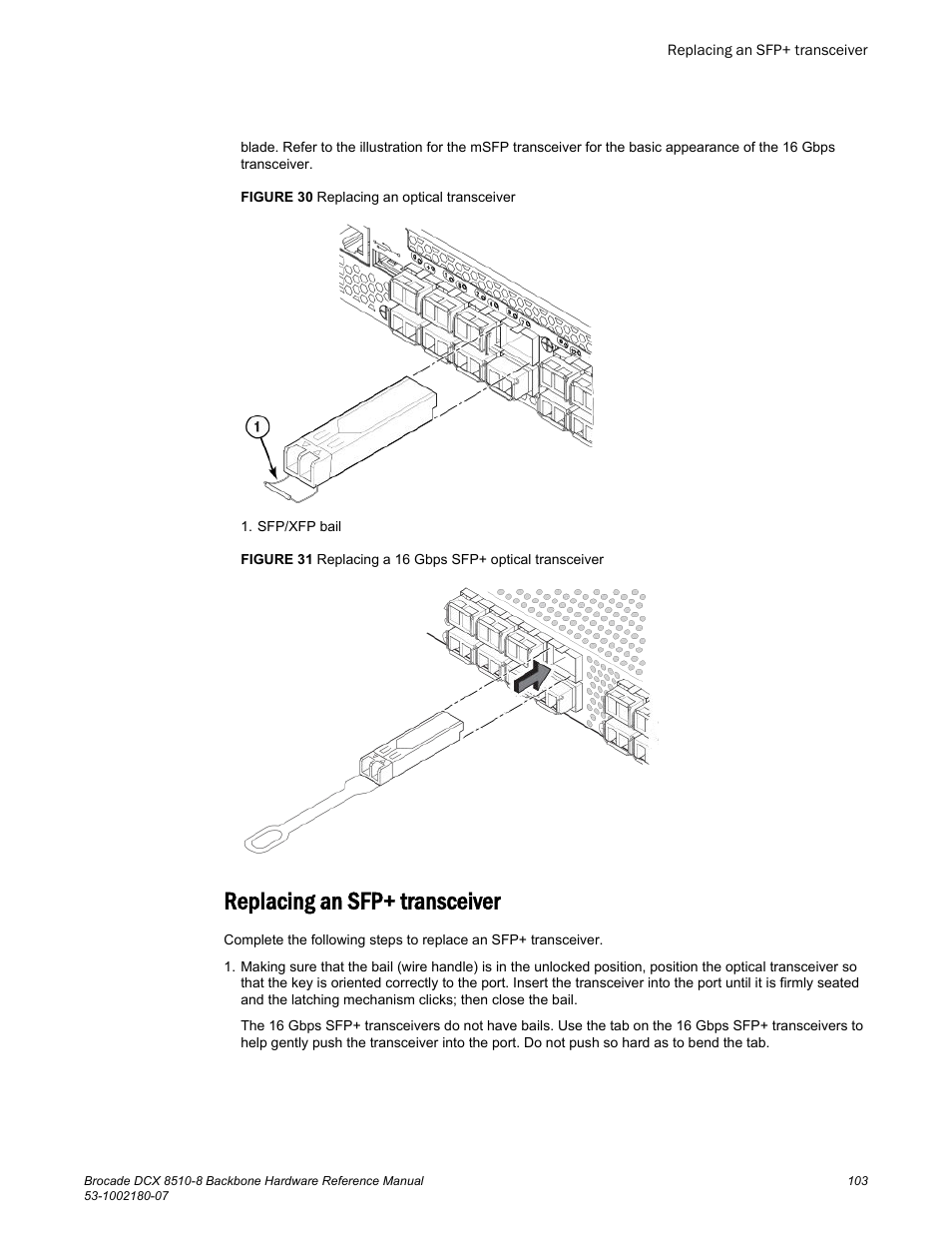 Replacing an sfp+ transceiver | Brocade DCX 8510-8 Backbone Hardware Reference Manual User Manual | Page 103 / 178