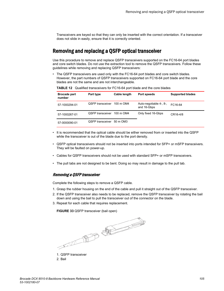 Removing and replacing a qsfp optical transceiver, Removing a qsfp transceiver | Brocade DCX 8510-8 Backbone Hardware Reference Manual User Manual | Page 105 / 178