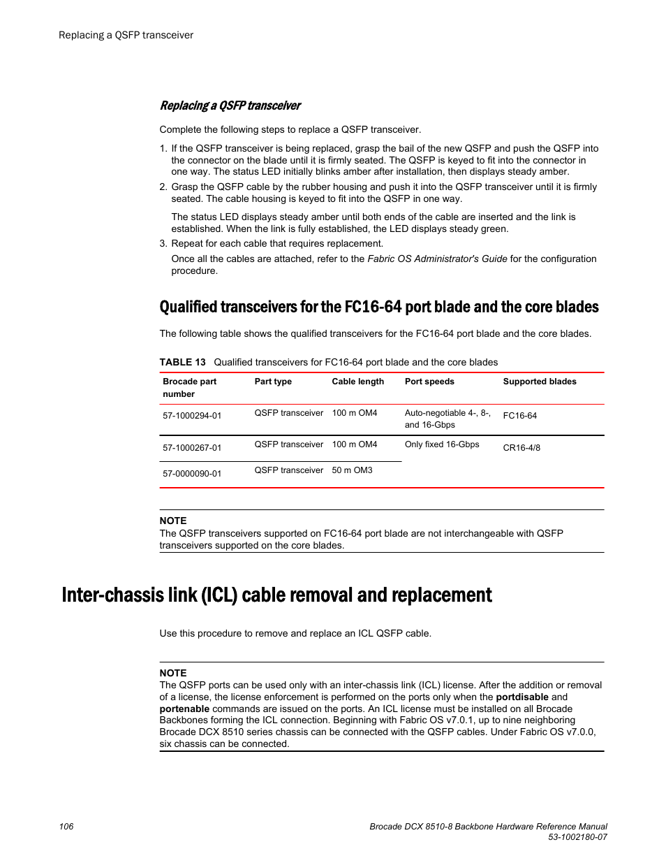 Replacing a qsfp transceiver, Blades, Inter-chassis link (icl) cable removal and | Replacement | Brocade DCX 8510-8 Backbone Hardware Reference Manual User Manual | Page 106 / 178