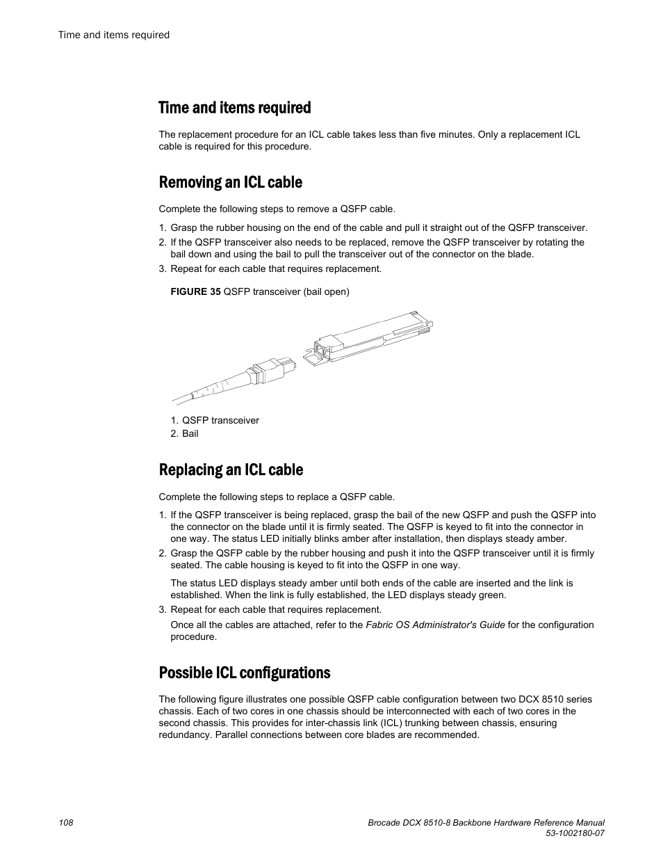 Time and items required, Removing an icl cable, Replacing an icl cable | Possible icl configurations | Brocade DCX 8510-8 Backbone Hardware Reference Manual User Manual | Page 108 / 178