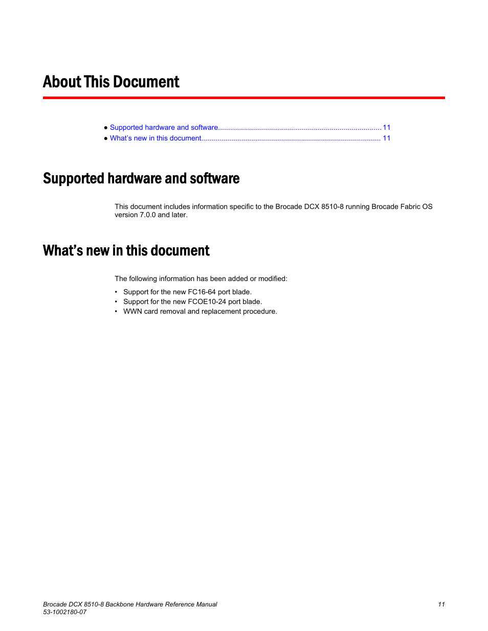 About this document, Supported hardware and software, What’s new in this document | Brocade DCX 8510-8 Backbone Hardware Reference Manual User Manual | Page 11 / 178